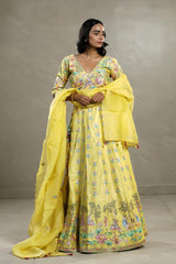 Yellow Floral Chiniya Silk Lehenga with Hand Embellishments