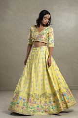 Yellow Floral Chiniya Silk Lehenga with Hand Embellishments