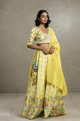 Yellow Floral Chiniya Silk Lehenga with Hand Embellishments