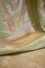 Pistachio Green Satin Silk Bridal Lehenga with Gold and Silver Zari Paisley