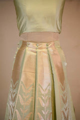 Pistachio Green Satin Silk Bridal Lehenga with Gold and Silver Zari Paisley