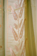 Pistachio Green Satin Silk Bridal Lehenga with Gold and Silver Zari Paisley