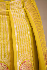 Yellow Banarasi Lehenga with Gold Zari Peacock Motifs