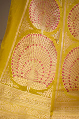 Yellow Banarasi Lehenga with Gold Zari Peacock Motifs