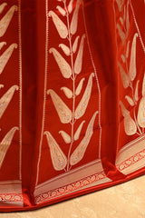 Red Satin Silk Bridal Lehenga with Gold and Silver Zari Paisley