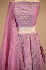 Mauve Organza Silk Bridal Lehenga with Floral Pakshi Applique Embellishments