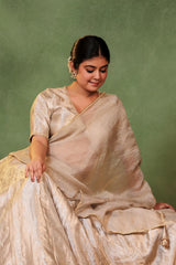 Silver Banarasi Tissue Silk Lehenga with Hand Embellished Blouse