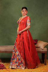 Multicolor Dupion Silk Lehenga with Abstract Print and Zari Buti Detailing