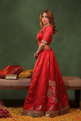 Red Handloom Banarasi Bridal Lehenga with Gayatri Mantra Hand-Embroidery