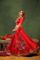 Red Handloom Banarasi Bridal Lehenga with Gayatri Mantra Hand-Embroidery