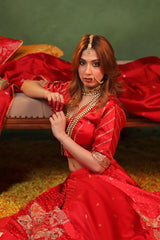 Red Handloom Banarasi Bridal Lehenga with Gayatri Mantra Hand-Embroidery