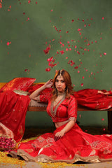 Red Handloom Banarasi Bridal Lehenga with Gayatri Mantra Hand-Embroidery