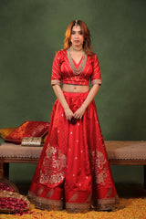 Red Handloom Banarasi Bridal Lehenga with Gayatri Mantra Hand-Embroidery