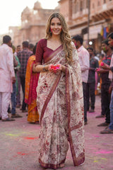 White & Purple Floral Embroidered Chanderi Silk Saree