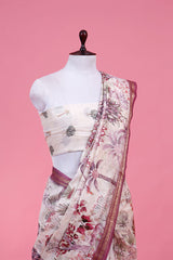 White & Purple Floral Embroidered Chanderi Silk Saree