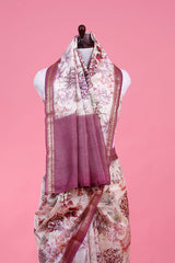 White & Purple Floral Embroidered Chanderi Silk Saree
