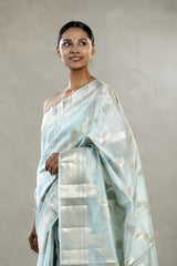 Powder Blue Chanderi Silk Saree with Gold Zari Floral Weave