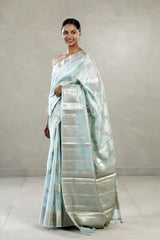 Powder Blue Chanderi Silk Saree with Gold Zari Floral Weave