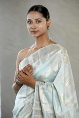 Powder Blue Chanderi Silk Saree with Gold Zari Floral Weave