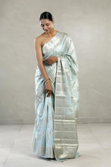 Powder Blue Chanderi Silk Saree with Gold Zari Floral Weave
