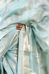 Powder Blue Chanderi Silk Saree with Gold Zari Floral Weave