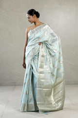 Powder Blue Chanderi Silk Saree with Gold Zari Floral Weave