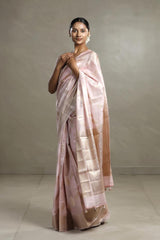 Baby Pink Chanderi Silk Saree with Gold Zari Floral Weave