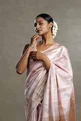Baby Pink Chanderi Silk Saree with Gold Zari Floral Weave