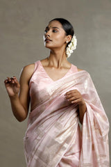 Baby Pink Chanderi Silk Saree with Gold Zari Floral Weave