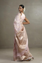 Baby Pink Chanderi Silk Saree with Gold Zari Floral Weave