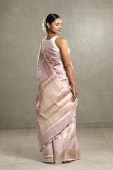 Baby Pink Chanderi Silk Saree with Gold Zari Floral Weave