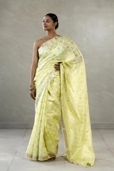 Light Yellow Chanderi Silk Saree with Gold Zari Geometrical Weave
