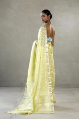 Light Yellow Chanderi Silk Saree with Gold Zari Geometrical Weave