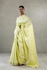 Light Yellow Chanderi Silk Saree with Gold Zari Geometrical Weave