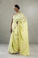 Light Yellow Chanderi Silk Saree with Gold Zari Geometrical Weave