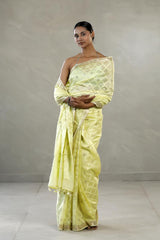 Light Yellow Chanderi Silk Saree with Gold Zari Geometrical Weave