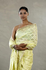 Light Yellow Chanderi Silk Saree with Gold Zari Geometrical Weave