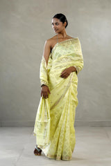 Light Yellow Chanderi Silk Saree with Gold Zari Geometrical Weave