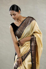 Beige Chanderi Silk Saree with Black Antique Zari Border