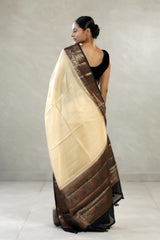 Beige Chanderi Silk Saree with Black Antique Zari Border
