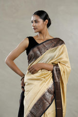 Beige Chanderi Silk Saree with Black Antique Zari Border