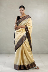 Beige Chanderi Silk Saree with Black Antique Zari Border