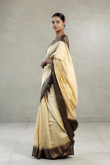 Beige Chanderi Silk Saree with Black Antique Zari Border