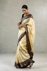 Beige Chanderi Silk Saree with Black Antique Zari Border