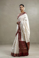 Snow White Banarasi Chanderi Silk Saree with Meenakari Motifs