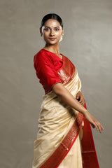 Beige And Red Chanderi Silk Saree with Black Antique Zari Border