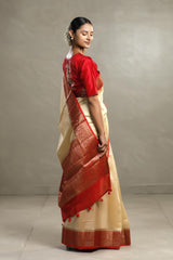 Beige And Red Chanderi Silk Saree with Black Antique Zari Border