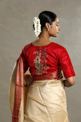 Beige And Red Chanderi Silk Saree with Black Antique Zari Border