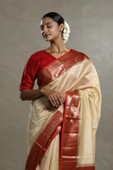 Beige And Red Chanderi Silk Saree with Black Antique Zari Border
