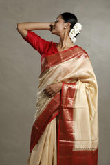 Beige And Red Chanderi Silk Saree with Black Antique Zari Border